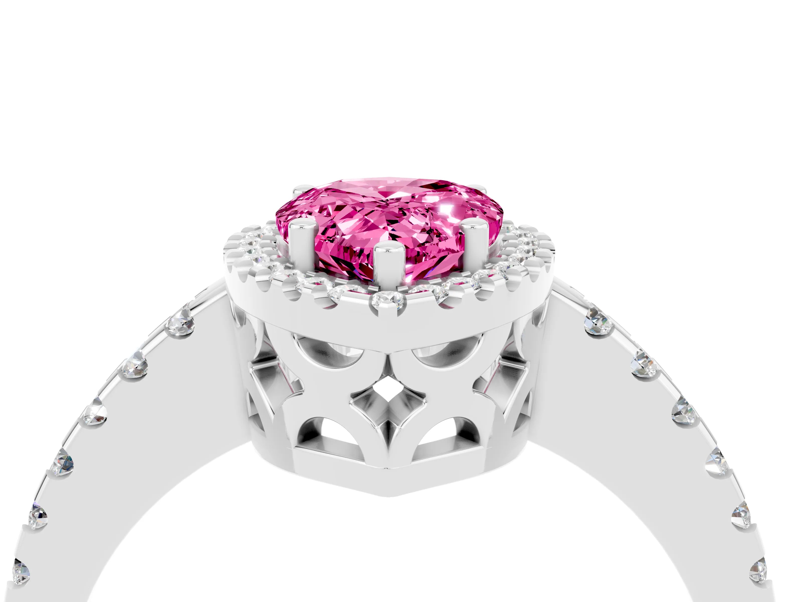 White gold Pear Cut Pink Sapphire Halo Engagement Ring with Pavé Band and Prong Setting_16