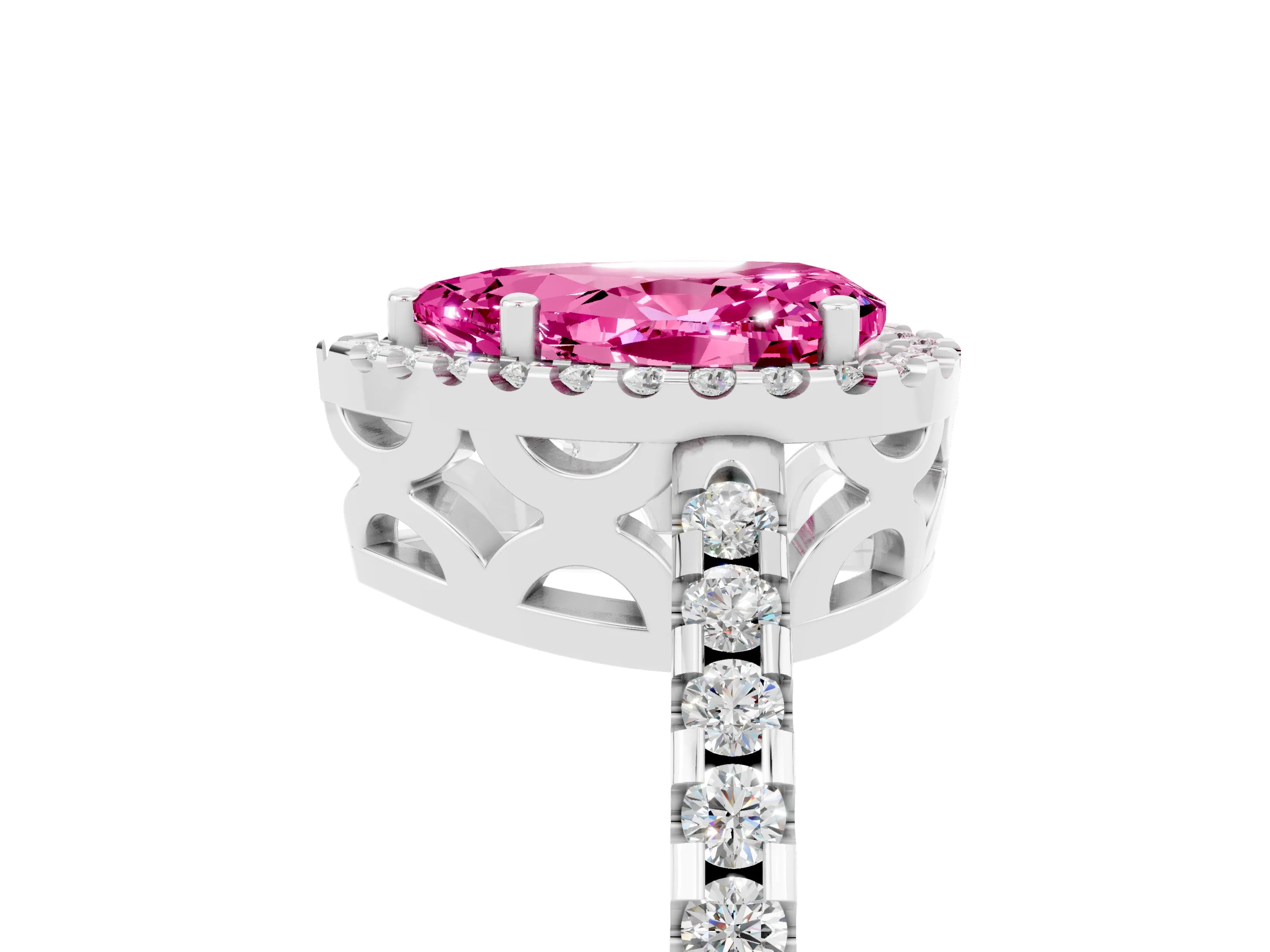 White gold Pear Cut Pink Sapphire Halo Engagement Ring with Pavé Band and Prong Setting_17
