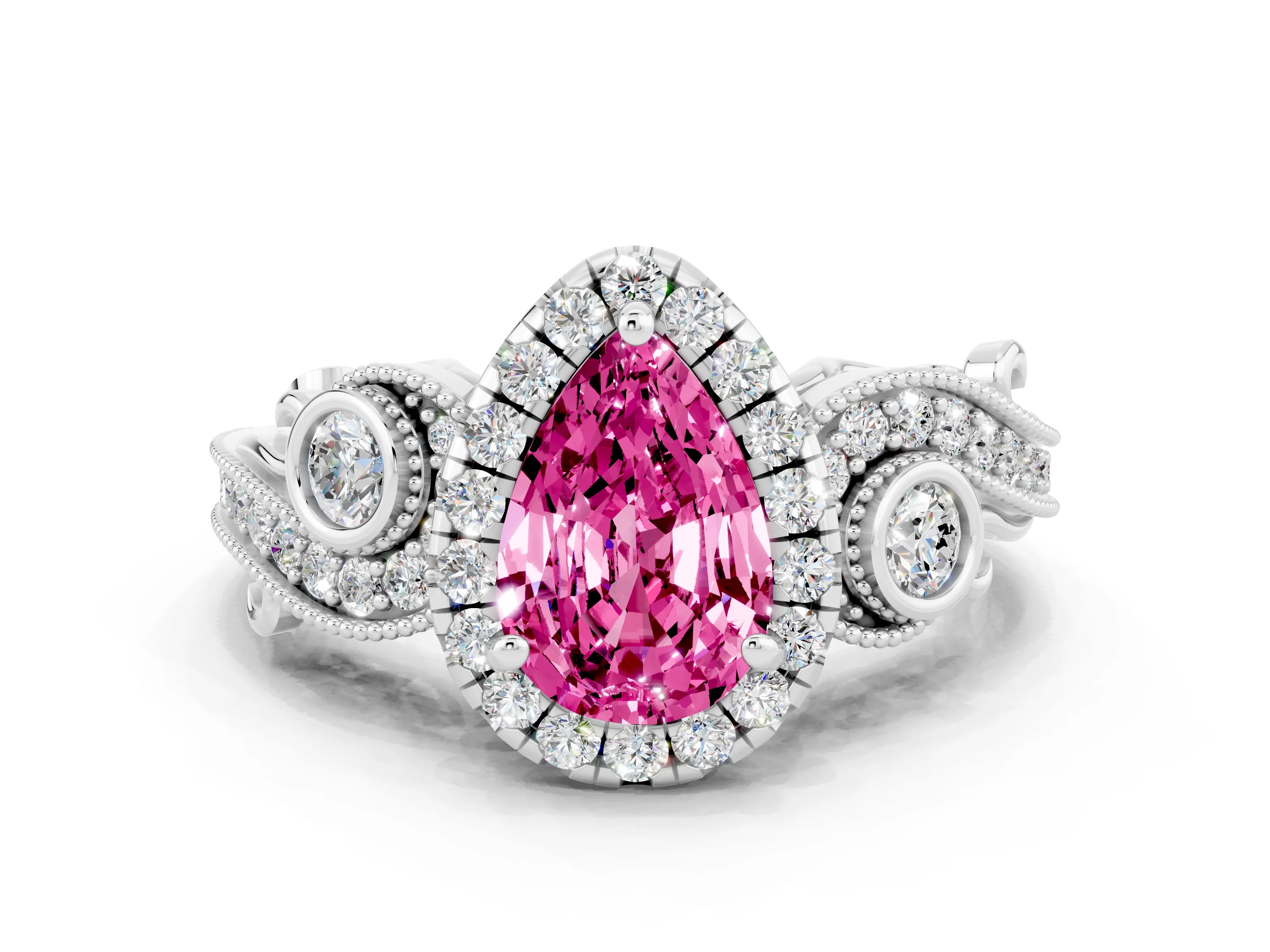 White gold Pear Cut Pink Sapphire Halo Ring with Milgrain Pavé Band and Four-Prong Setting_12