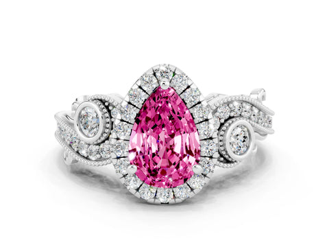 White gold Pear Cut Pink Sapphire Halo Ring with Milgrain Pavé Band and Four-Prong Setting_12