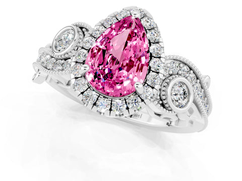White gold Pear Cut Pink Sapphire Halo Ring with Milgrain Pavé Band and Four-Prong Setting_13
