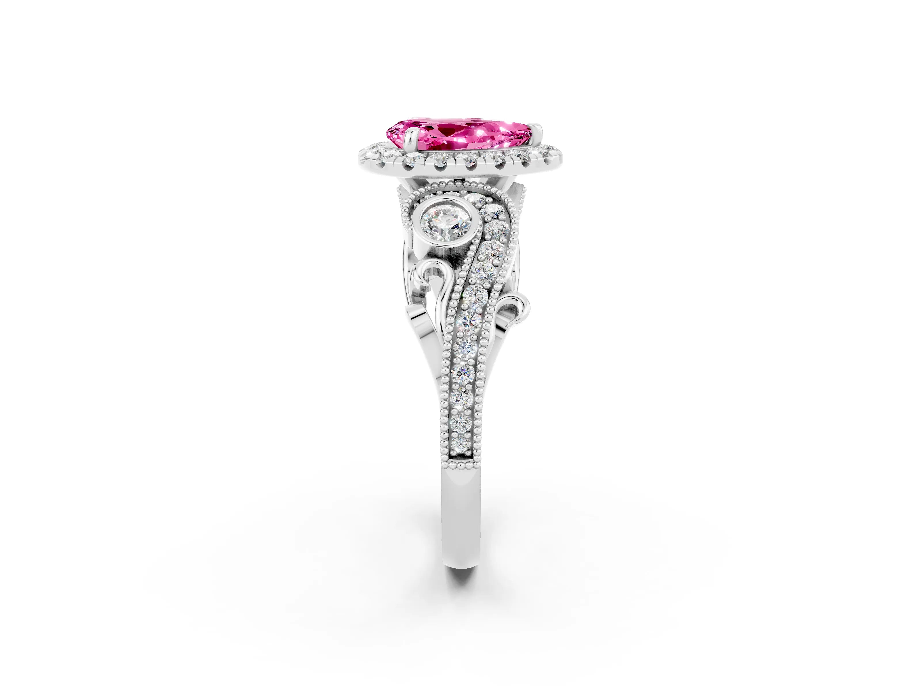 White gold Pear Cut Pink Sapphire Halo Ring with Milgrain Pavé Band and Four-Prong Setting_14