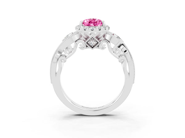 Silver Pear Cut Pink Sapphire Halo Ring with Milgrain Pavé Band and Four-Prong Setting