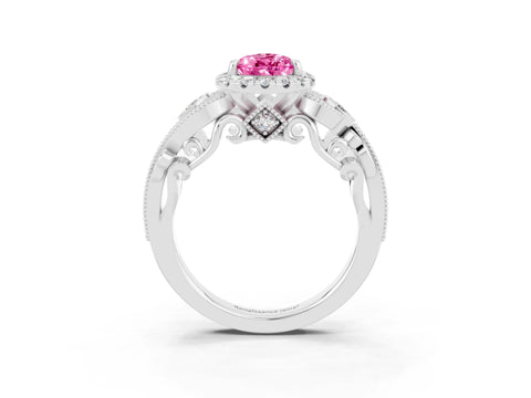 White gold Pear Cut Pink Sapphire Halo Ring with Milgrain Pavé Band and Four-Prong Setting_15