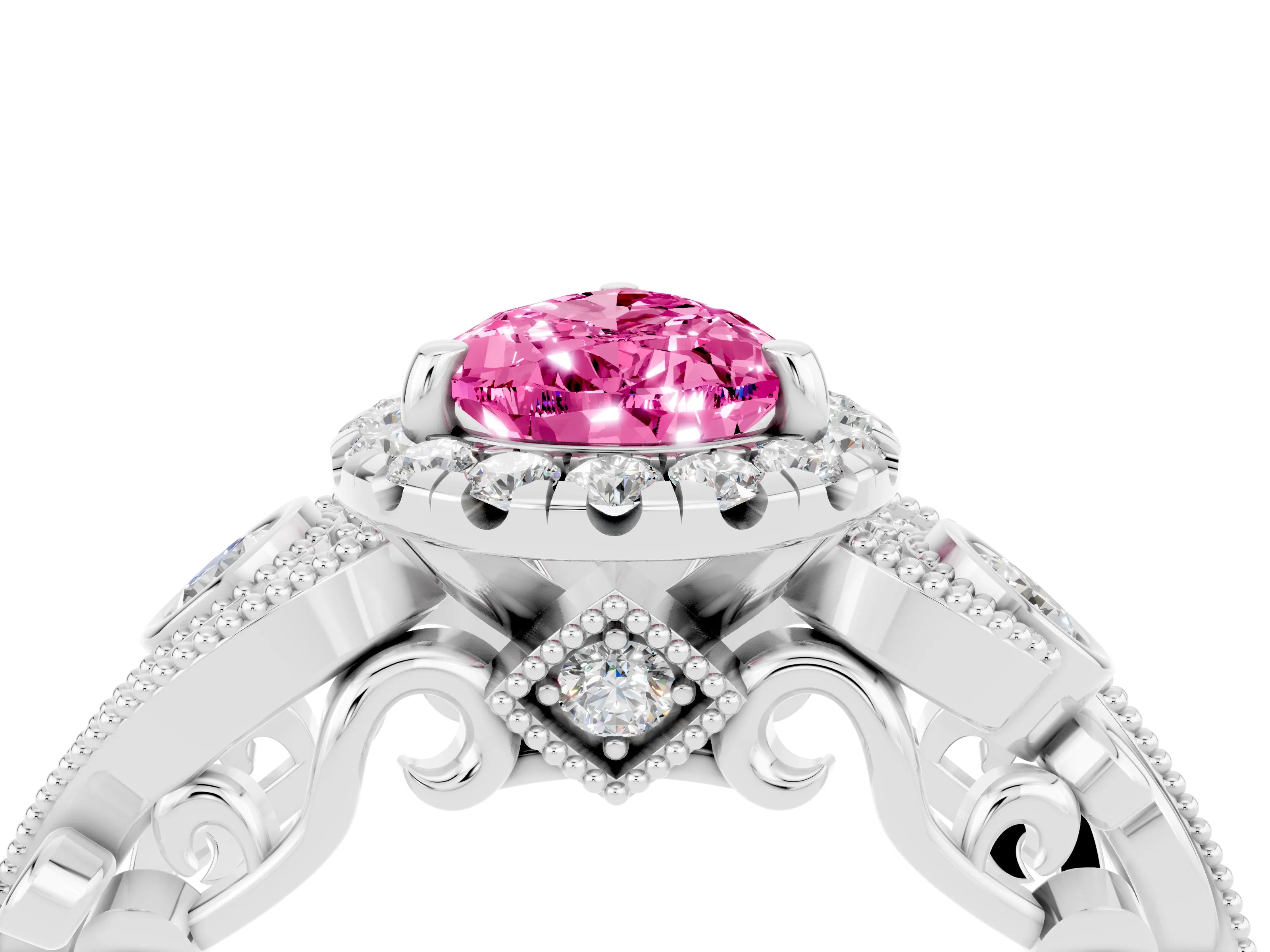 White gold Pear Cut Pink Sapphire Halo Ring with Milgrain Pavé Band and Four-Prong Setting_16