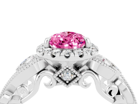White gold Pear Cut Pink Sapphire Halo Ring with Milgrain Pavé Band and Four-Prong Setting_16