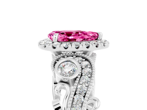 White gold Pear Cut Pink Sapphire Halo Ring with Milgrain Pavé Band and Four-Prong Setting_17