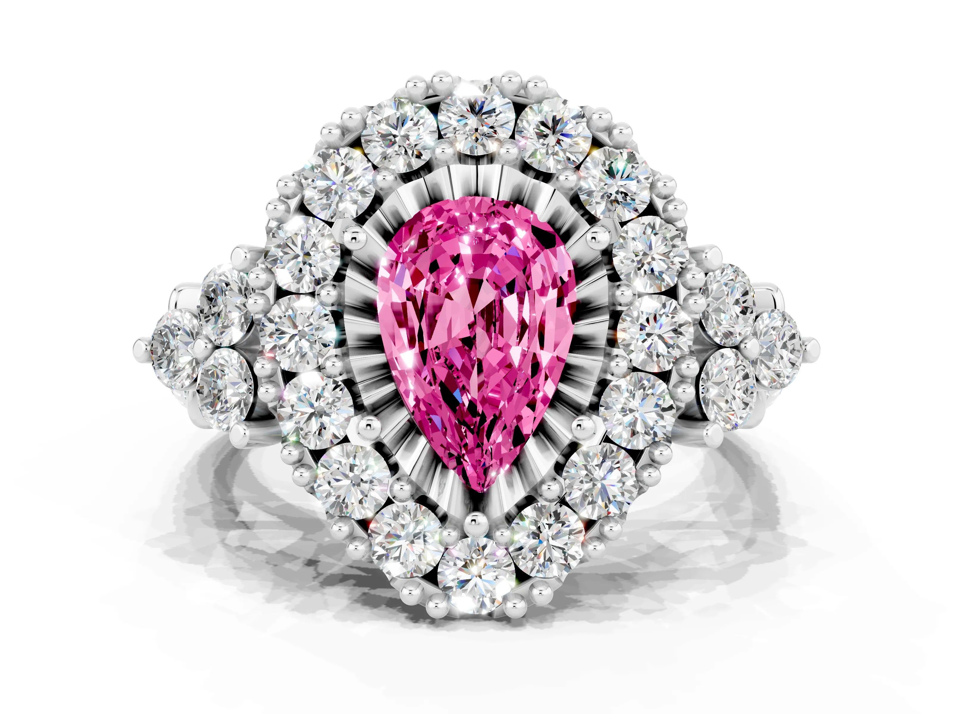 White gold Pear Cut Pink Sapphire Halo Ring with Pavé Band and Four-Prong Setting_12