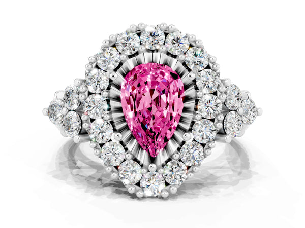 White gold Pear Cut Pink Sapphire Halo Ring with Pavé Band and Four-Prong Setting