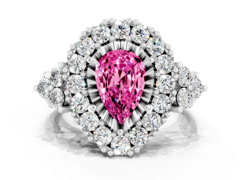 White gold Pear Cut Pink Sapphire Halo Ring with Pavé Band and Four-Prong Setting_12