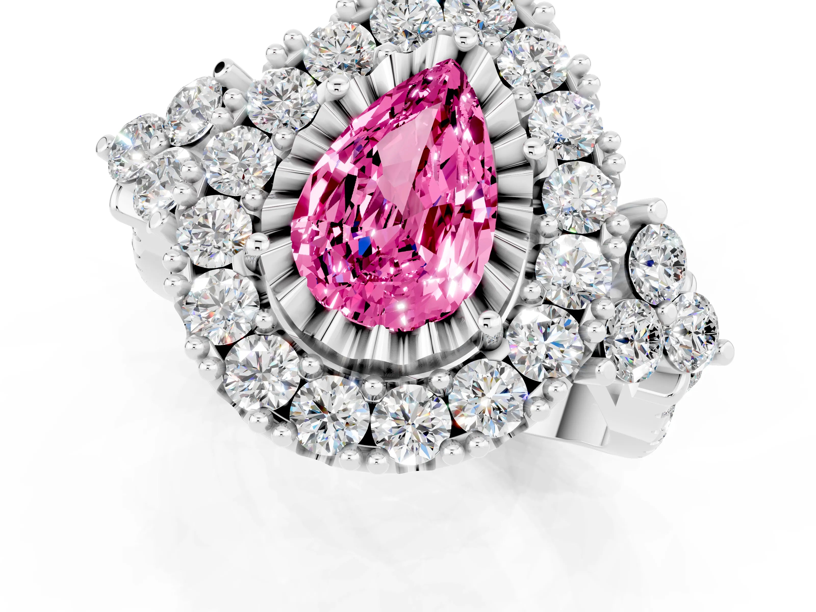 White gold Pear Cut Pink Sapphire Halo Ring with Pavé Band and Four-Prong Setting_13