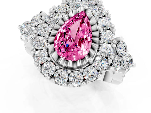 White gold Pear Cut Pink Sapphire Halo Ring with Pavé Band and Four-Prong Setting_13