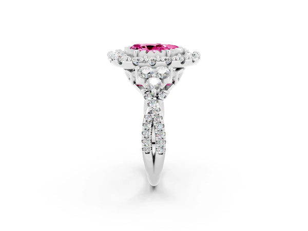 Silver Pear Cut Pink Sapphire Halo Ring with Pavé Band and Four-Prong Setting