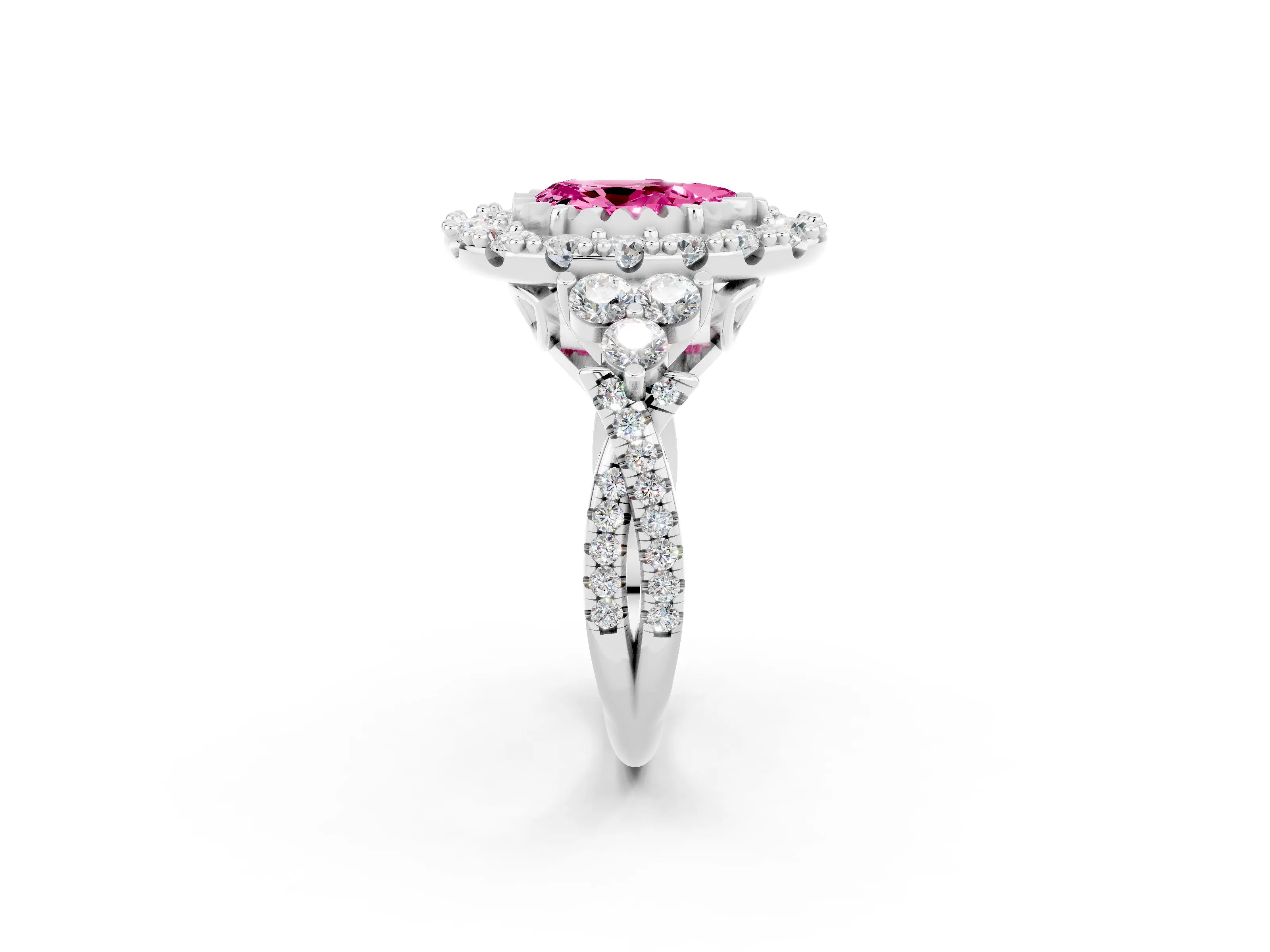 White gold Pear Cut Pink Sapphire Halo Ring with Pavé Band and Four-Prong Setting_14