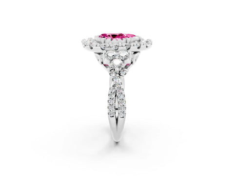 White gold Pear Cut Pink Sapphire Halo Ring with Pavé Band and Four-Prong Setting_14