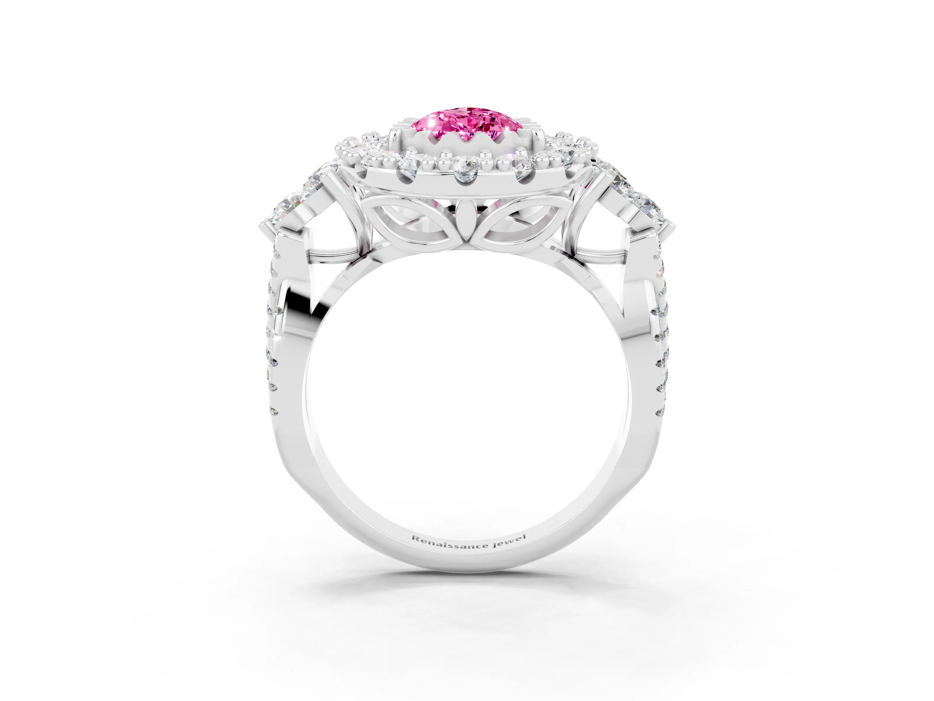 White gold Pear Cut Pink Sapphire Halo Ring with Pavé Band and Four-Prong Setting_15