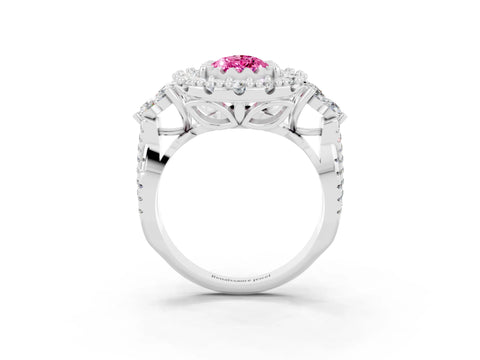 White gold Pear Cut Pink Sapphire Halo Ring with Pavé Band and Four-Prong Setting_15