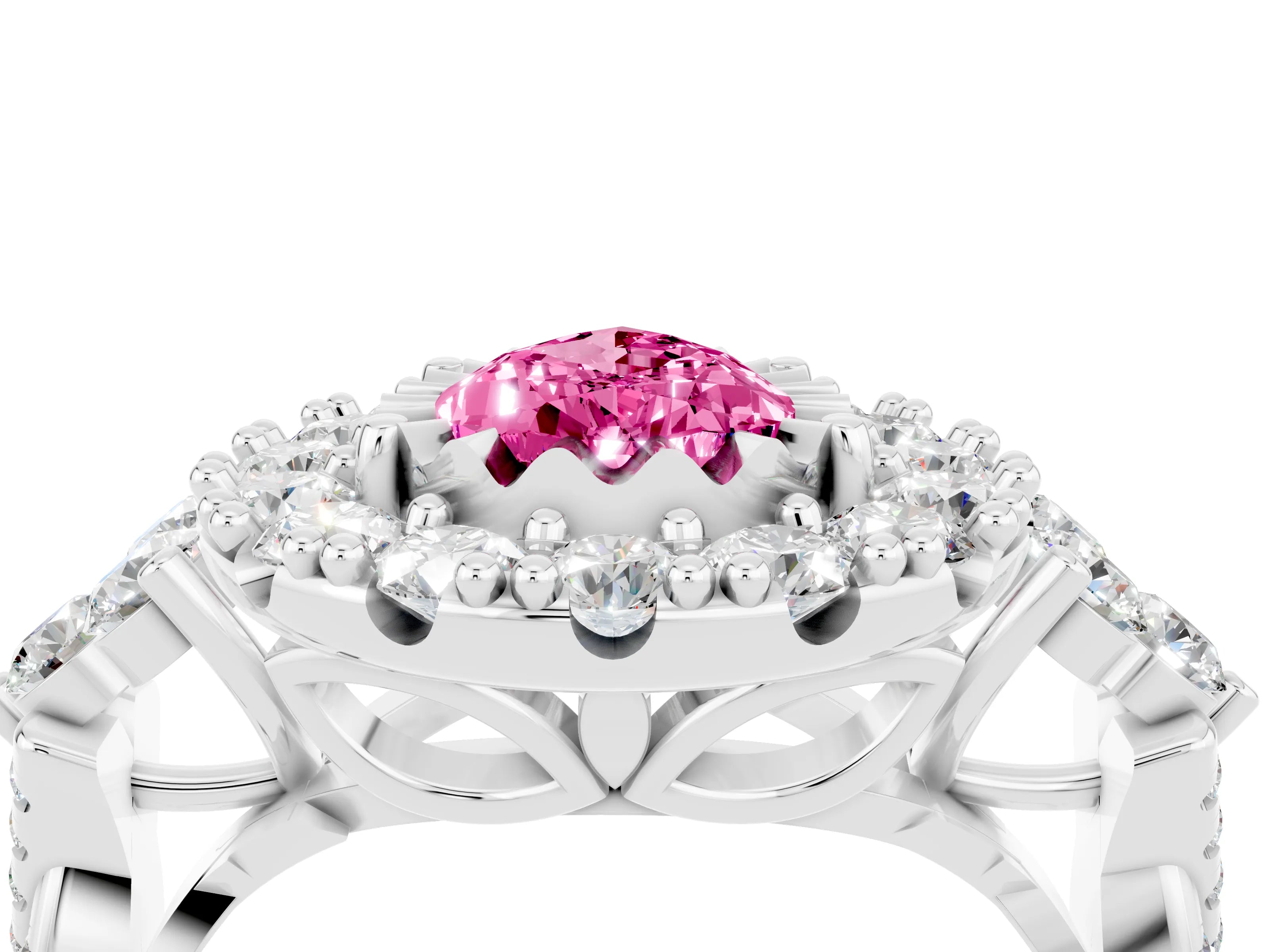 White gold Pear Cut Pink Sapphire Halo Ring with Pavé Band and Four-Prong Setting_16