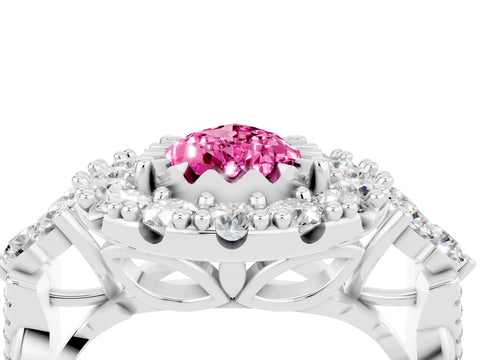 White gold Pear Cut Pink Sapphire Halo Ring with Pavé Band and Four-Prong Setting_16