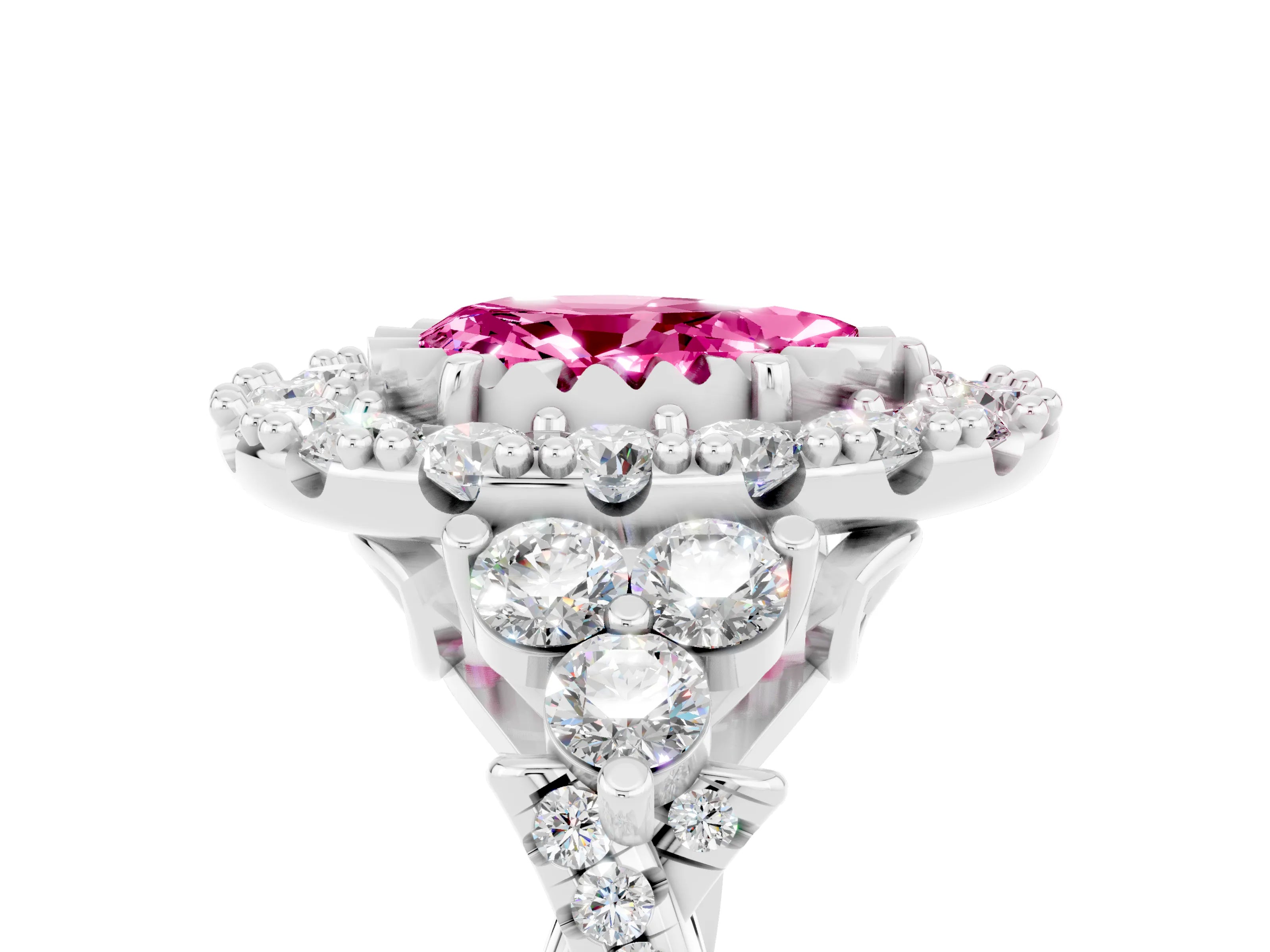 White gold Pear Cut Pink Sapphire Halo Ring with Pavé Band and Four-Prong Setting_17