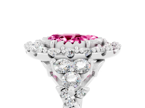 White gold Pear Cut Pink Sapphire Halo Ring with Pavé Band and Four-Prong Setting_17