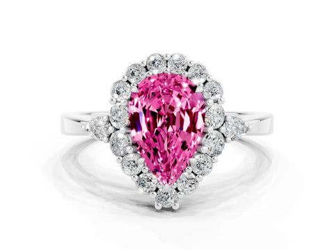 White gold Pear Cut Pink Sapphire Halo Ring with Pear Side Stones and Prong Setting_24