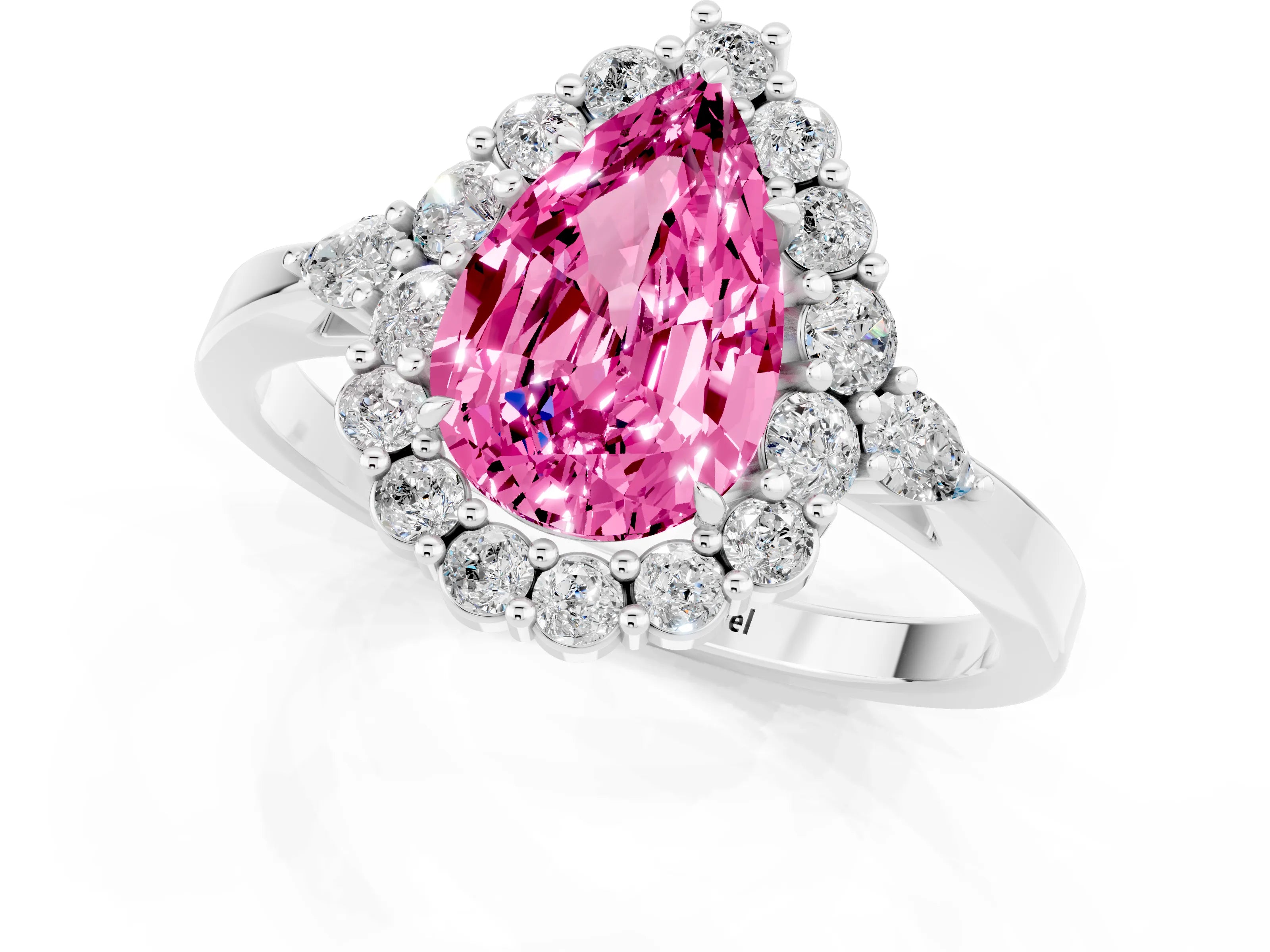 White gold Pear Cut Pink Sapphire Halo Ring with Pear Side Stones and Prong Setting_25