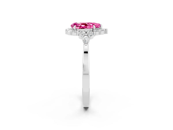 Platinum Pear Cut Pink Sapphire Halo Ring with Pear Side Stones and Prong Setting