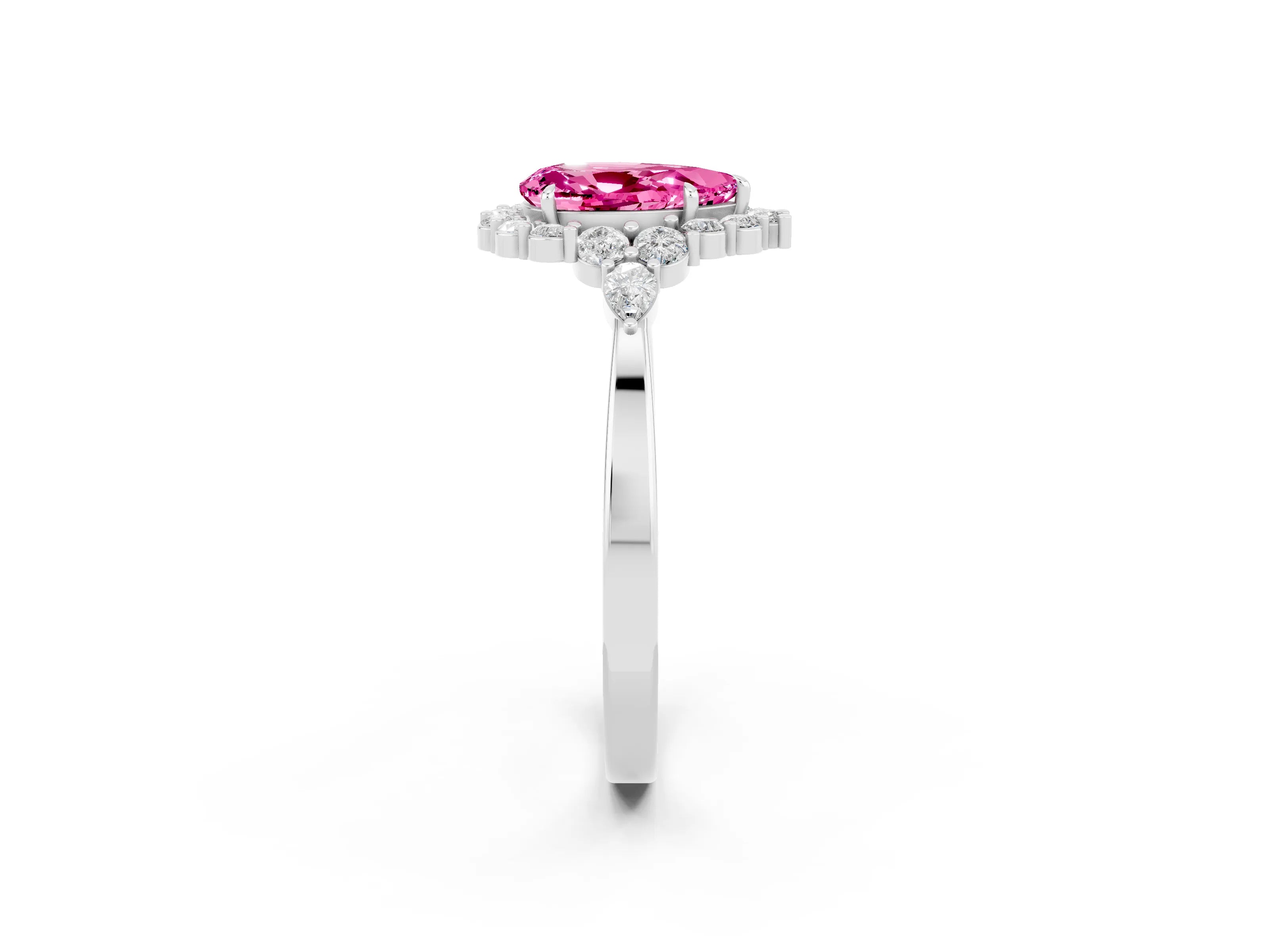 White gold Pear Cut Pink Sapphire Halo Ring with Pear Side Stones and Prong Setting_26