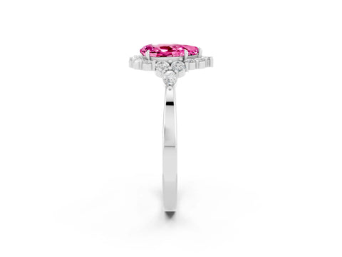 White gold Pear Cut Pink Sapphire Halo Ring with Pear Side Stones and Prong Setting_26