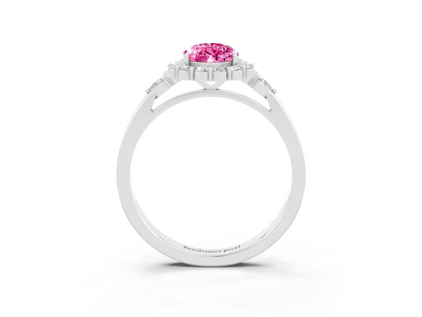 Silver Pear Cut Pink Sapphire Halo Ring with Pear Side Stones and Prong Setting