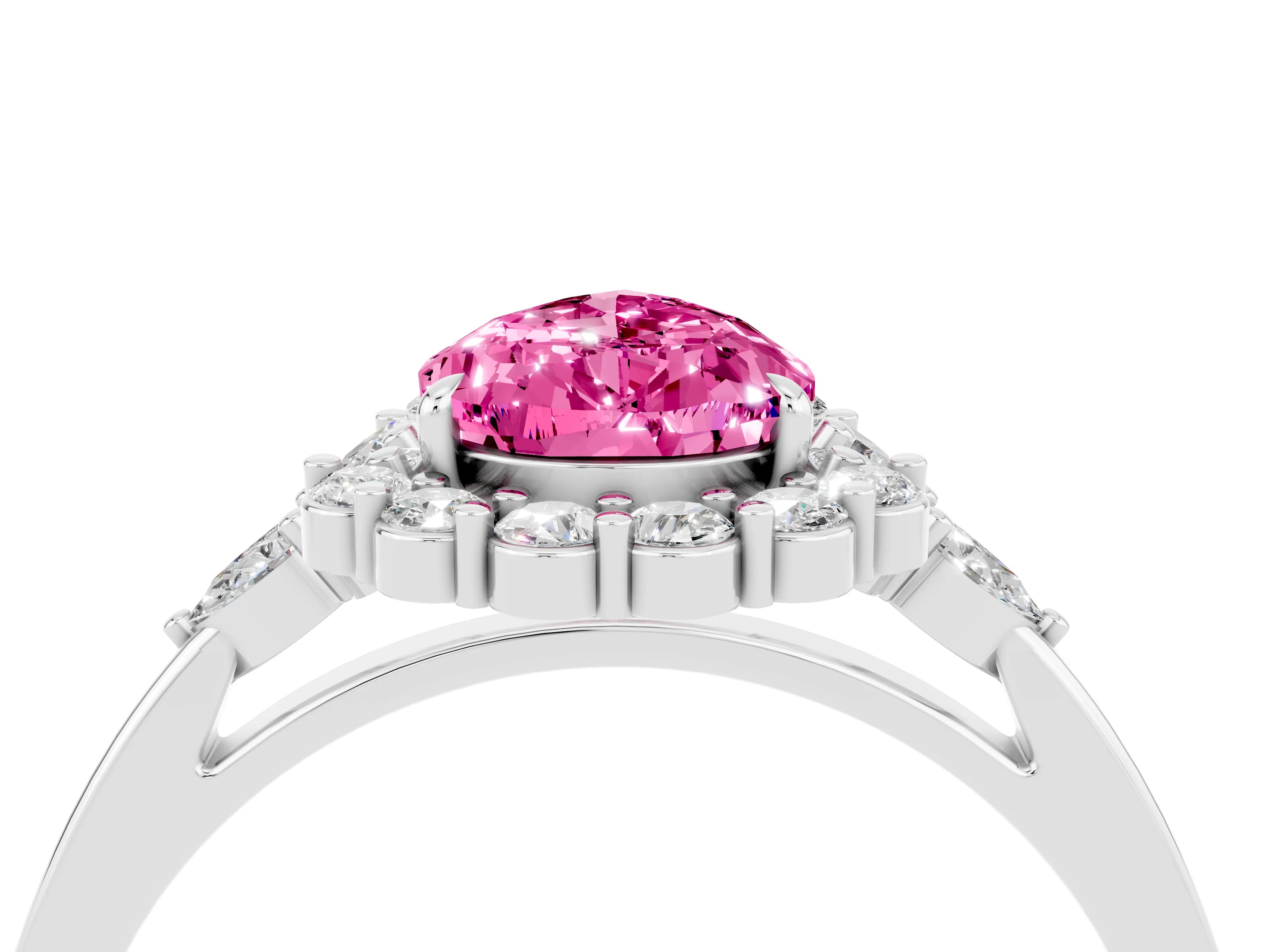 White gold Pear Cut Pink Sapphire Halo Ring with Pear Side Stones and Prong Setting_28