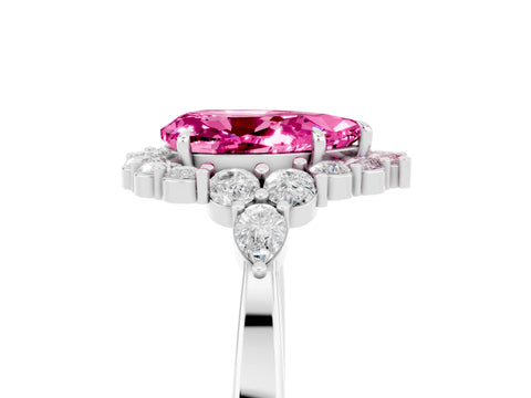 White gold Pear Cut Pink Sapphire Halo Ring with Pear Side Stones and Prong Setting_29