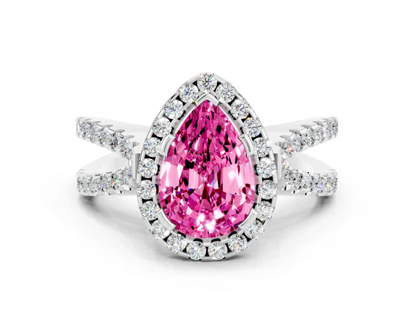 Platinum Pear Cut Pink Sapphire Halo Ring with Split Shank Pavé Band and Prong Setting