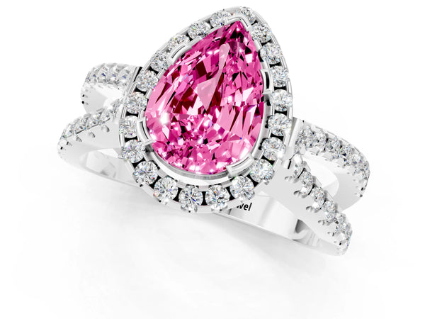 White gold Pear Cut Pink Sapphire Halo Ring with Split Shank Pavé Band and Prong Setting