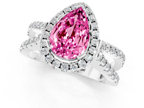 White gold Pear Cut Pink Sapphire Halo Ring with Split Shank Pavé Band and Prong Setting_13