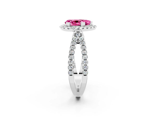 Platinum Pear Cut Pink Sapphire Halo Ring with Split Shank Pavé Band and Prong Setting