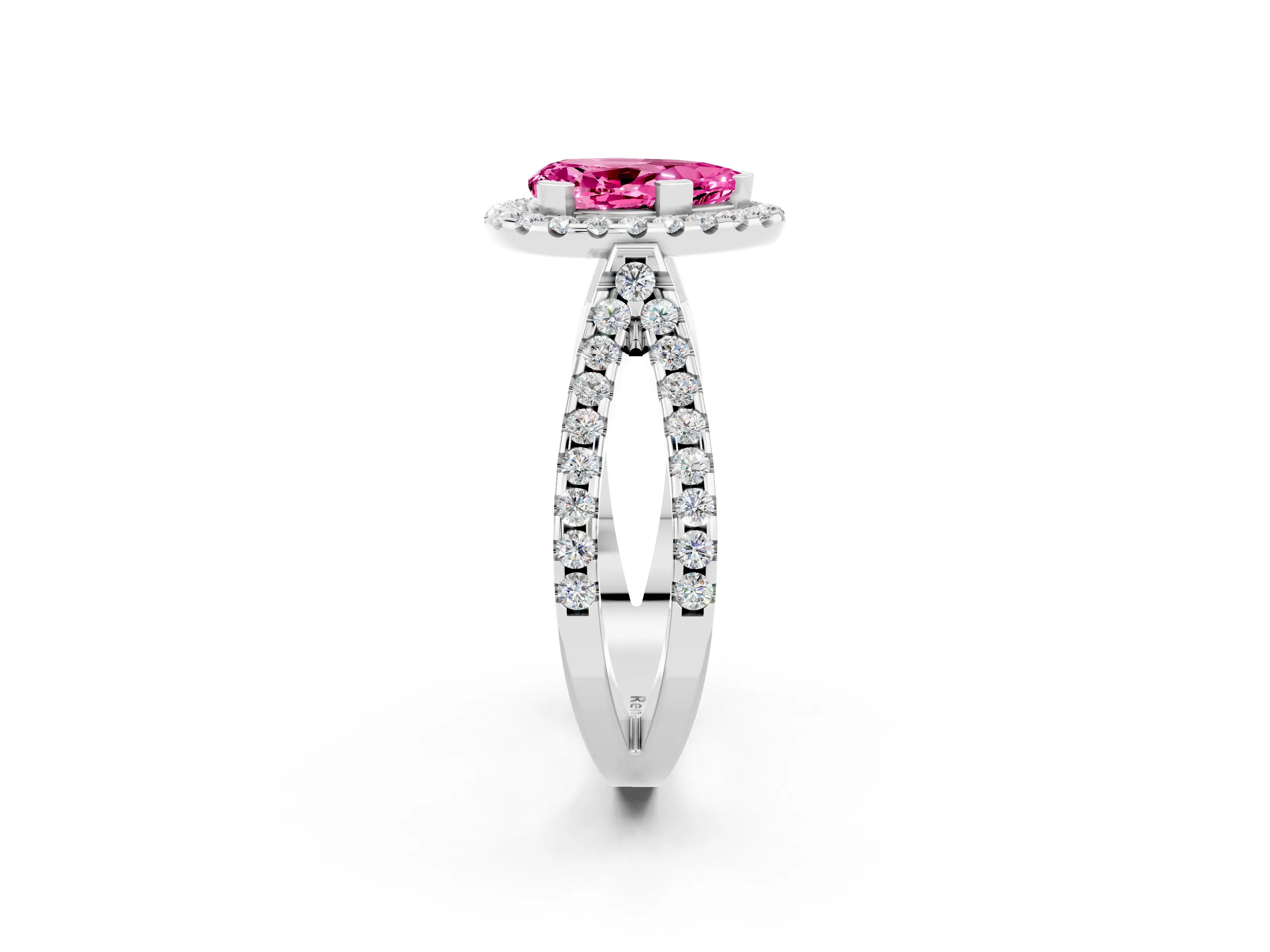White gold Pear Cut Pink Sapphire Halo Ring with Split Shank Pavé Band and Prong Setting_14