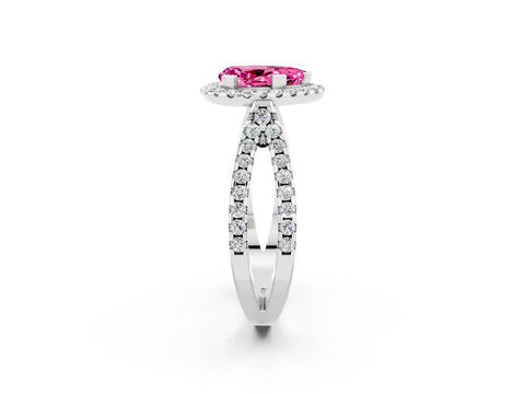 White gold Pear Cut Pink Sapphire Halo Ring with Split Shank Pavé Band and Prong Setting_14