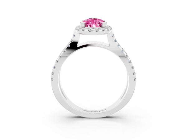 Silver Pear Cut Pink Sapphire Halo Ring with Split Shank Pavé Band and Prong Setting