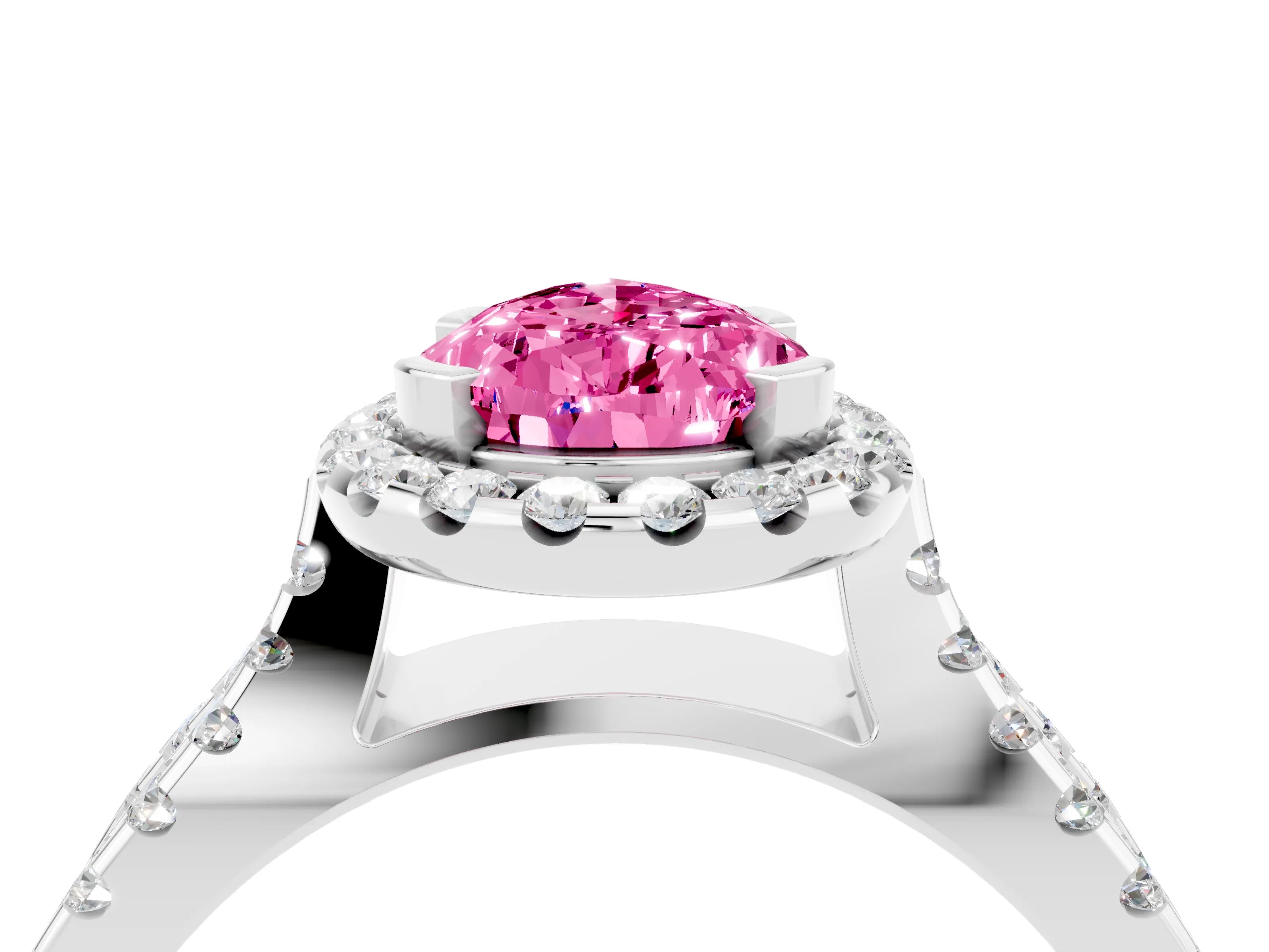 White gold Pear Cut Pink Sapphire Halo Ring with Split Shank Pavé Band and Prong Setting_16