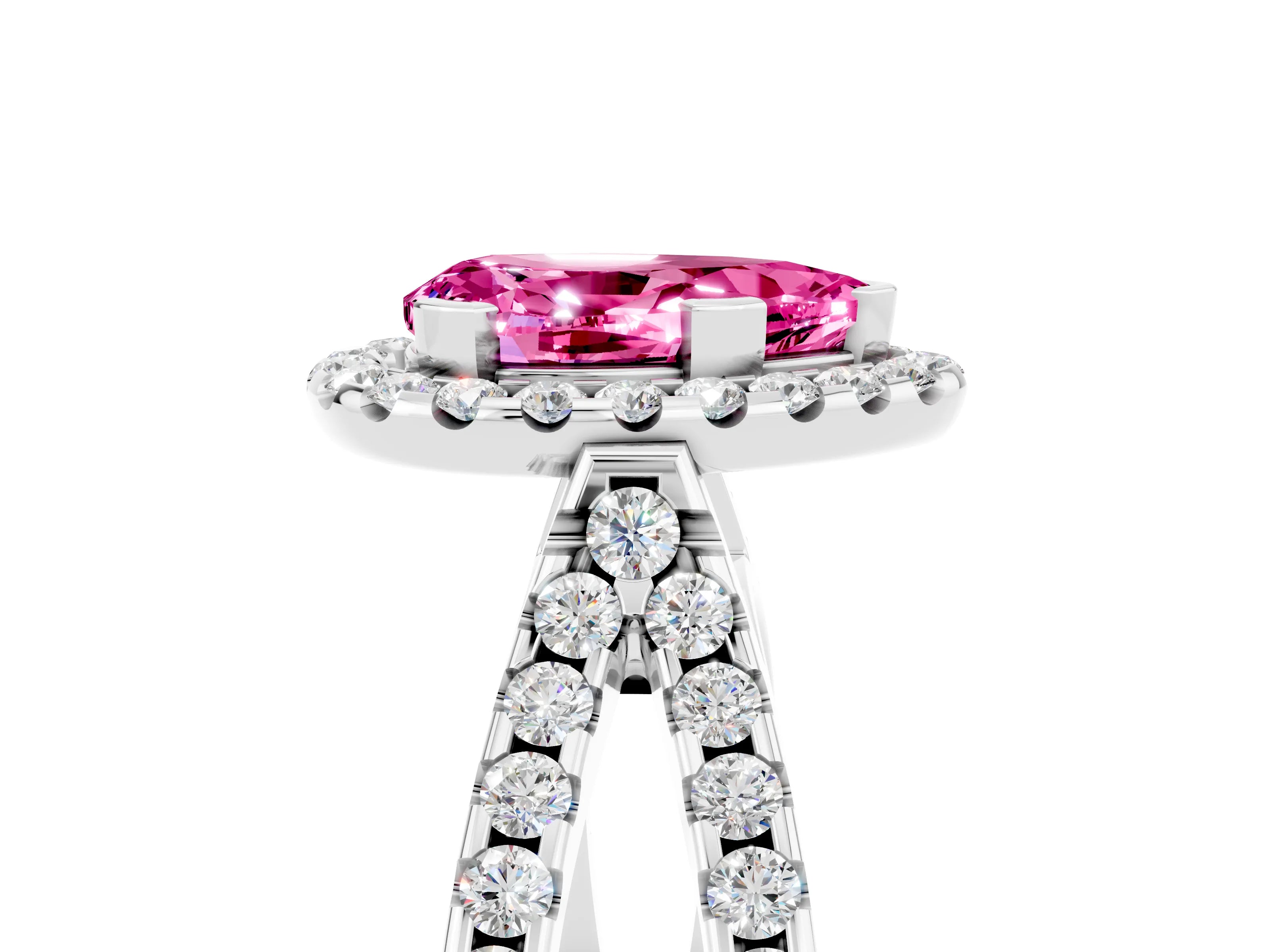 White gold Pear Cut Pink Sapphire Halo Ring with Split Shank Pavé Band and Prong Setting_17