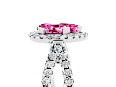 White gold Pear Cut Pink Sapphire Halo Ring with Split Shank Pavé Band and Prong Setting_17