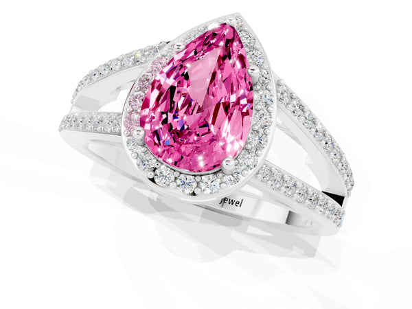 Platinum Pear Cut Pink Sapphire Halo Ring with Split Shank U-Prong Band and Four-Prong Setting