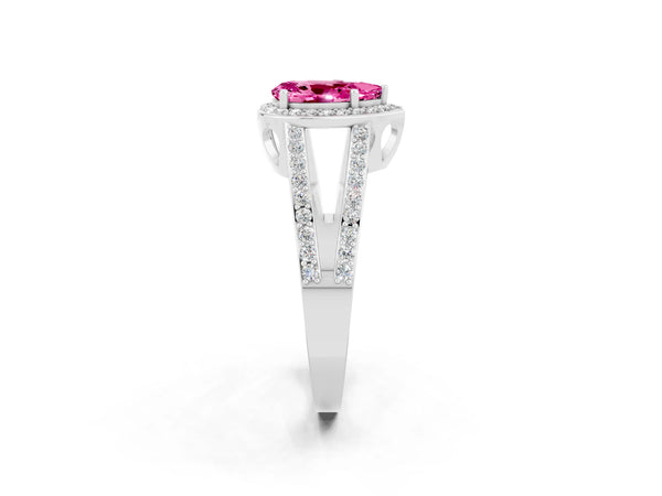 Platinum Pear Cut Pink Sapphire Halo Ring with Split Shank U-Prong Band and Four-Prong Setting