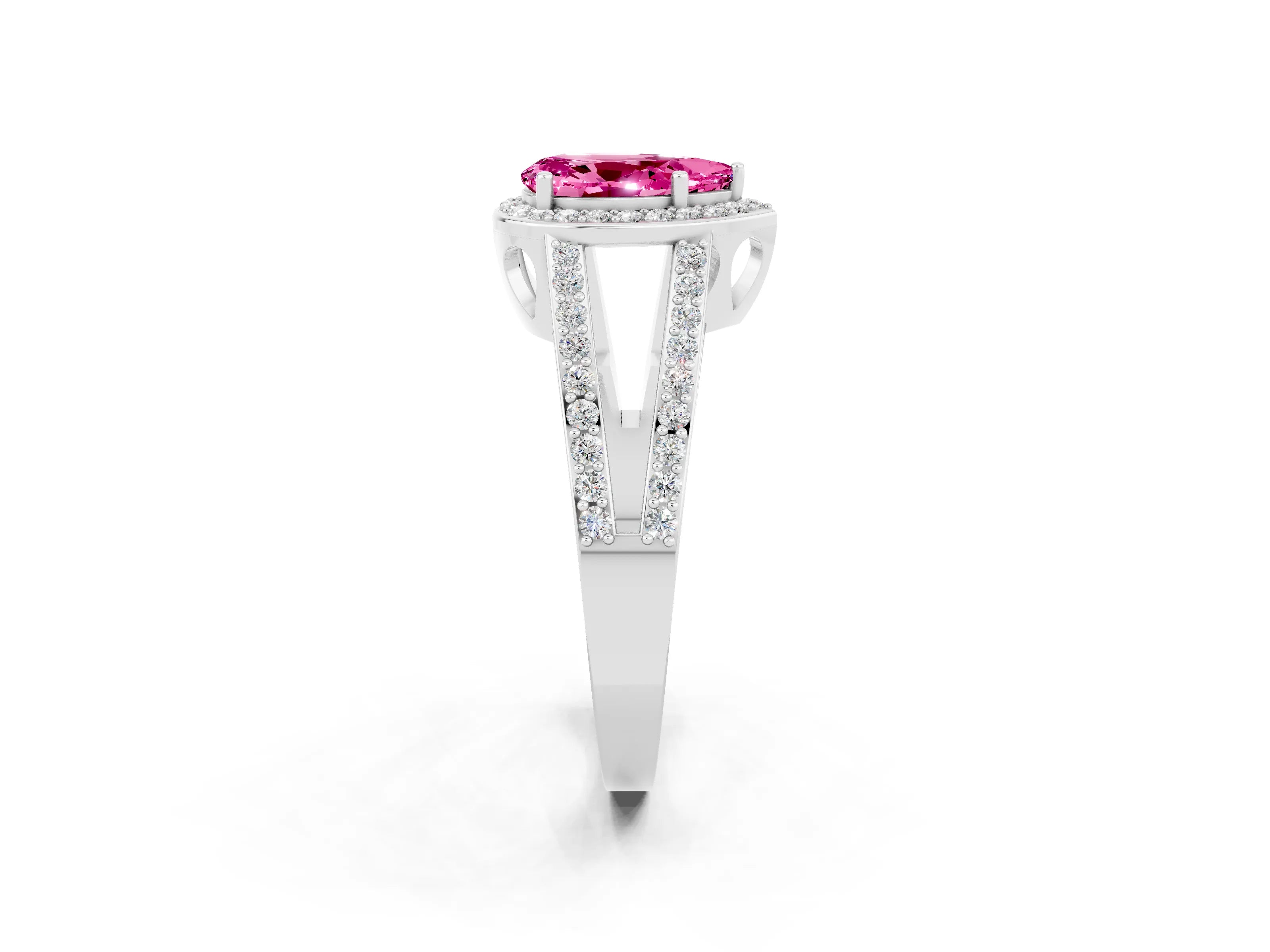 White gold Pear Cut Pink Sapphire Halo Ring with Split Shank U-Prong Band and Four-Prong Setting_2