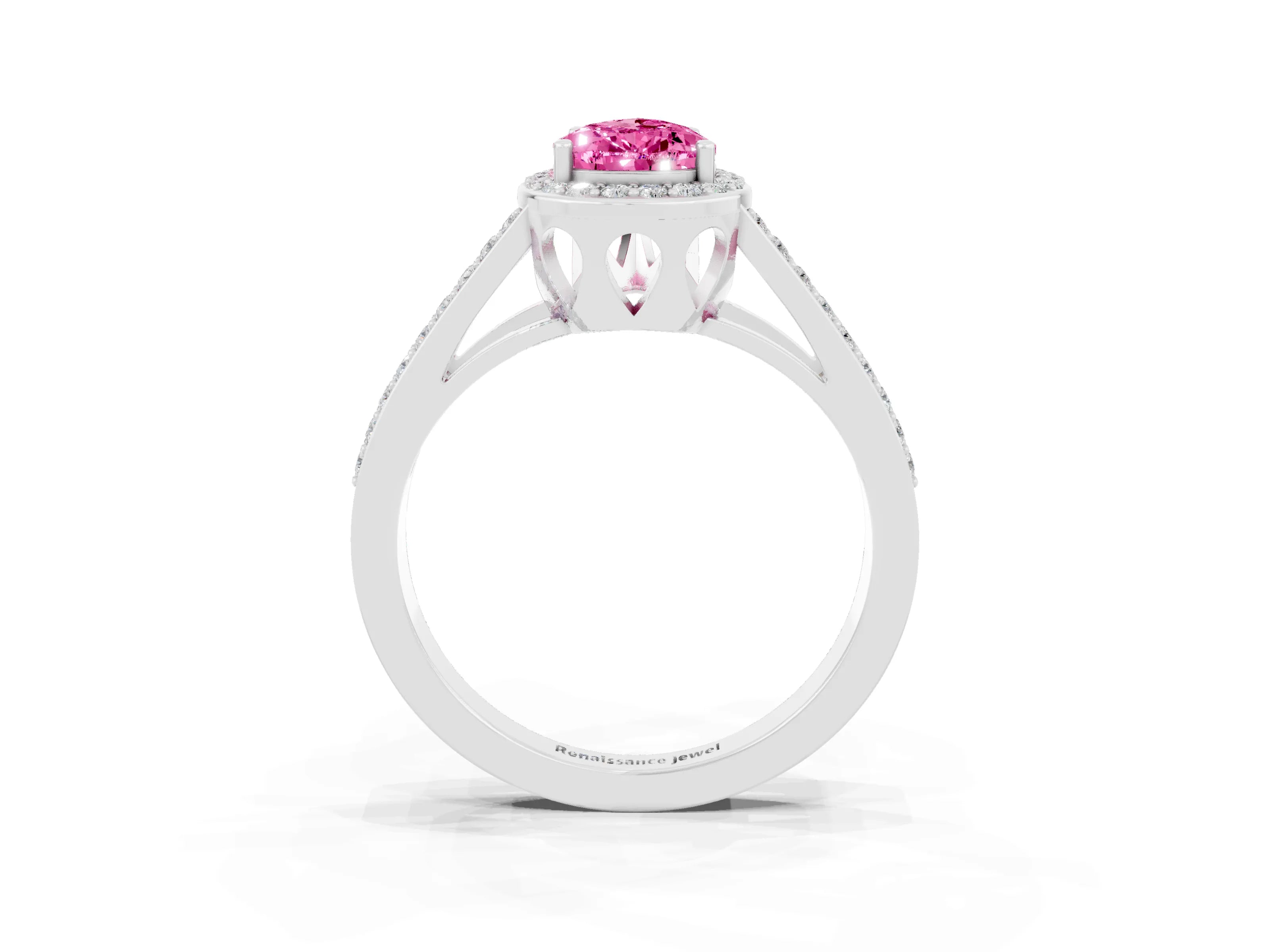 White gold Pear Cut Pink Sapphire Halo Ring with Split Shank U-Prong Band and Four-Prong Setting_3