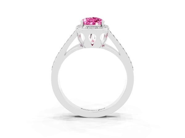 Silver Pear Cut Pink Sapphire Halo Ring with Split Shank U-Prong Band and Four-Prong Setting