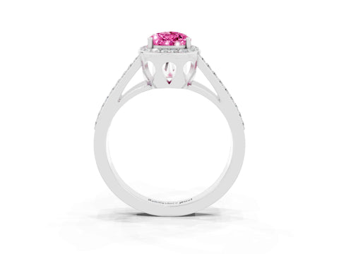 White gold Pear Cut Pink Sapphire Halo Ring with Split Shank U-Prong Band and Four-Prong Setting_3