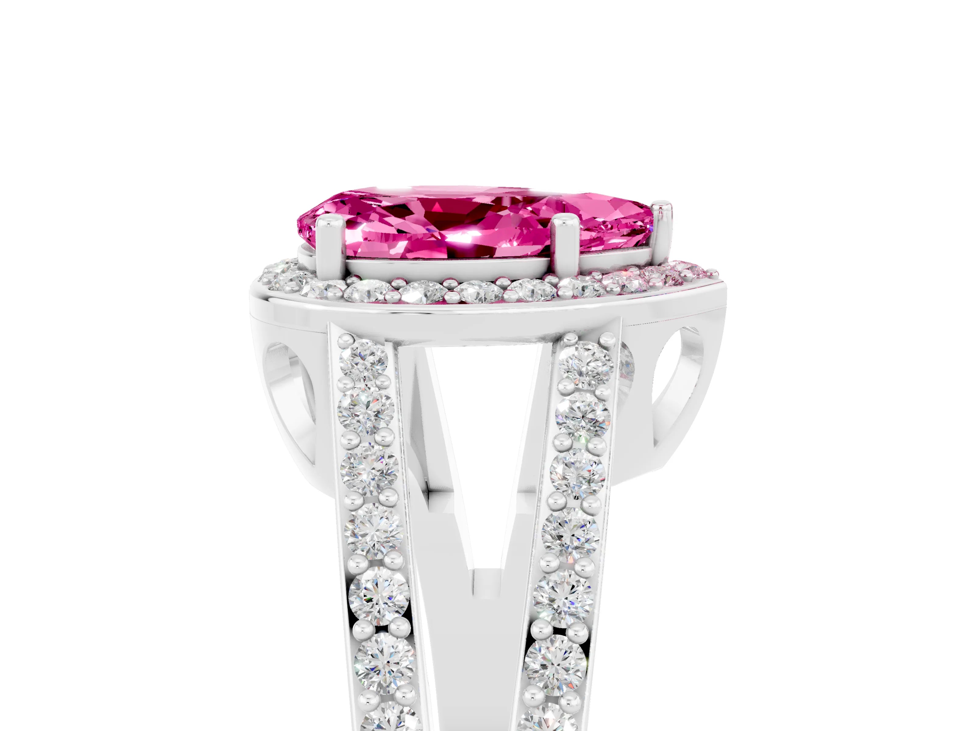 White gold Pear Cut Pink Sapphire Halo Ring with Split Shank U-Prong Band and Four-Prong Setting_5
